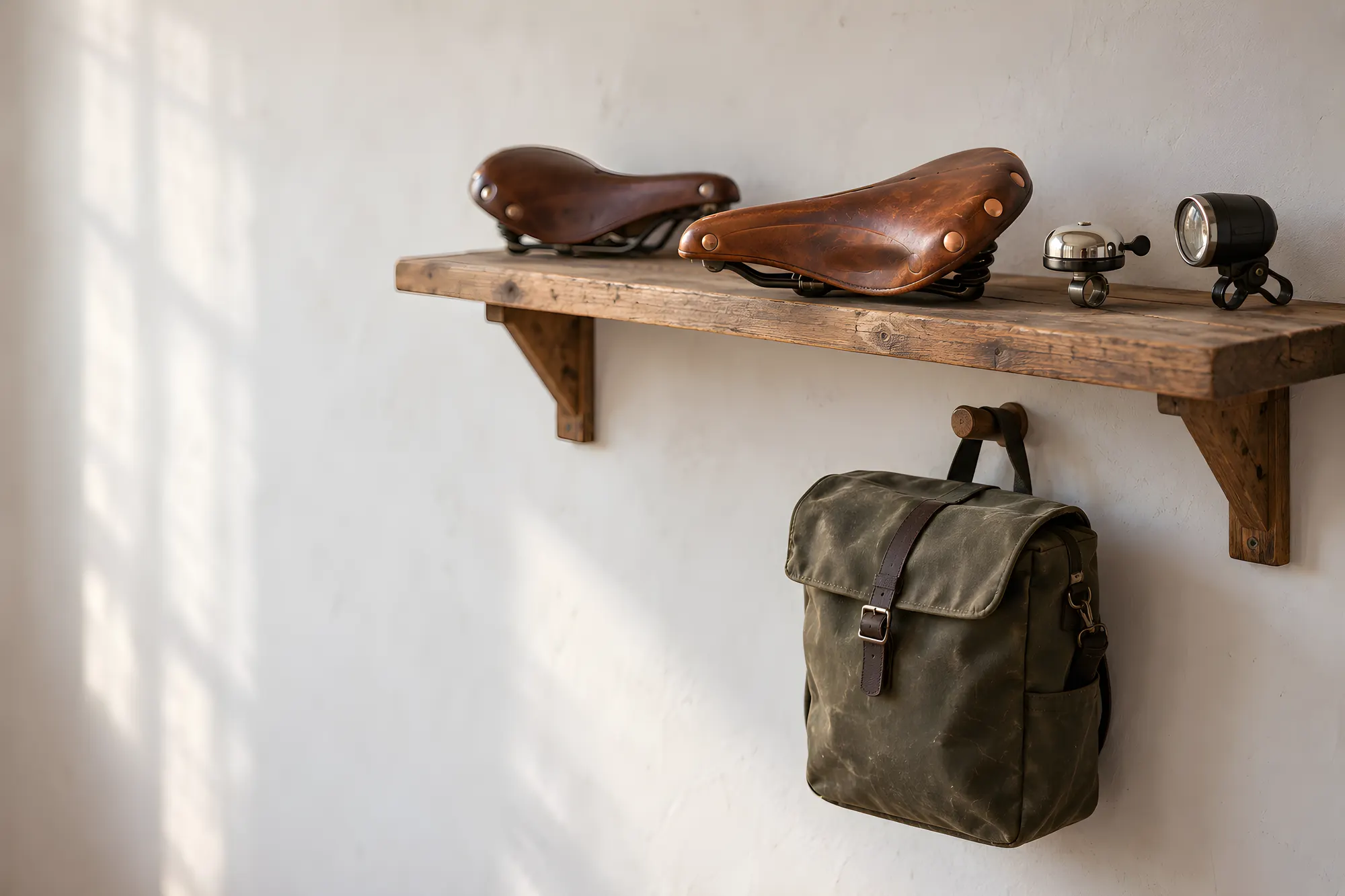 Zwei braune Ledersättel, eine Klingel und eine Lampe auf einem Wandbrett, darunter eine Packtasche aus gewachstem Segeltuch an einem Holzhaken